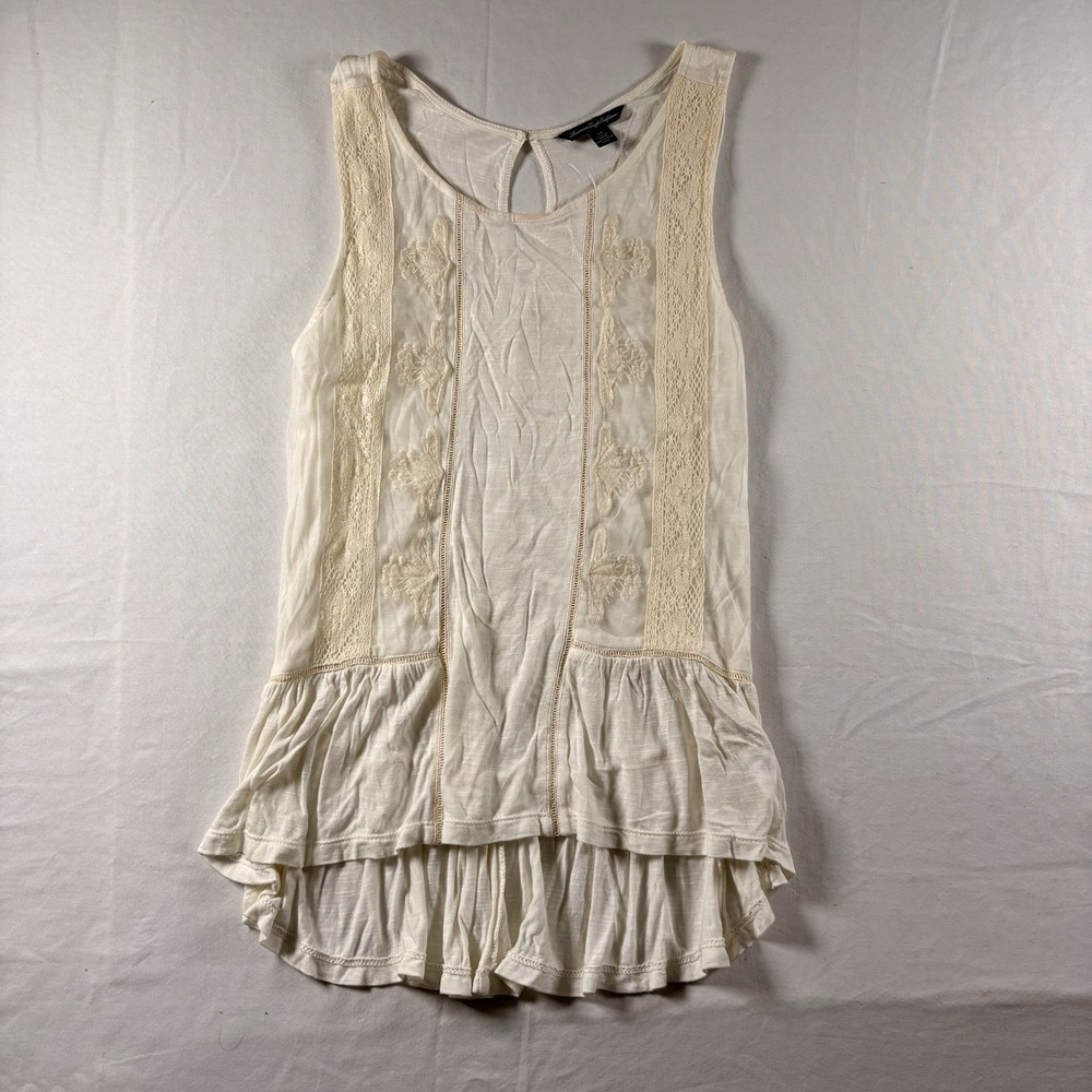 Y2K THE AMERICAN EAGLE OUTFITTERS LACE PEPLUM TANK TOP CREAM CROCHETED SMALL